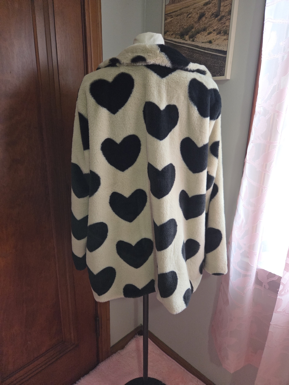 torrid Cream and Black Faux Teddy Coat with Heart Print - Picture 2 of 6